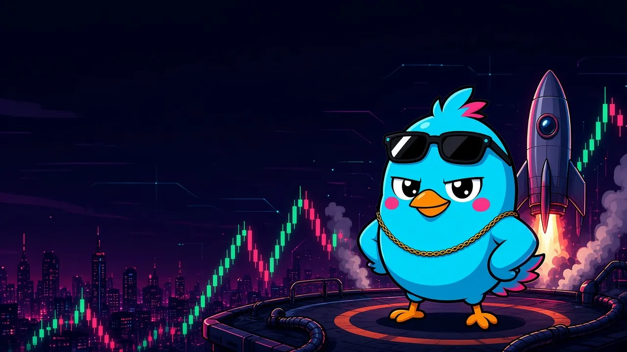 Pixie, a cyan bird in black shades and a gold chain, on a rooftop above a city of candlestick charts